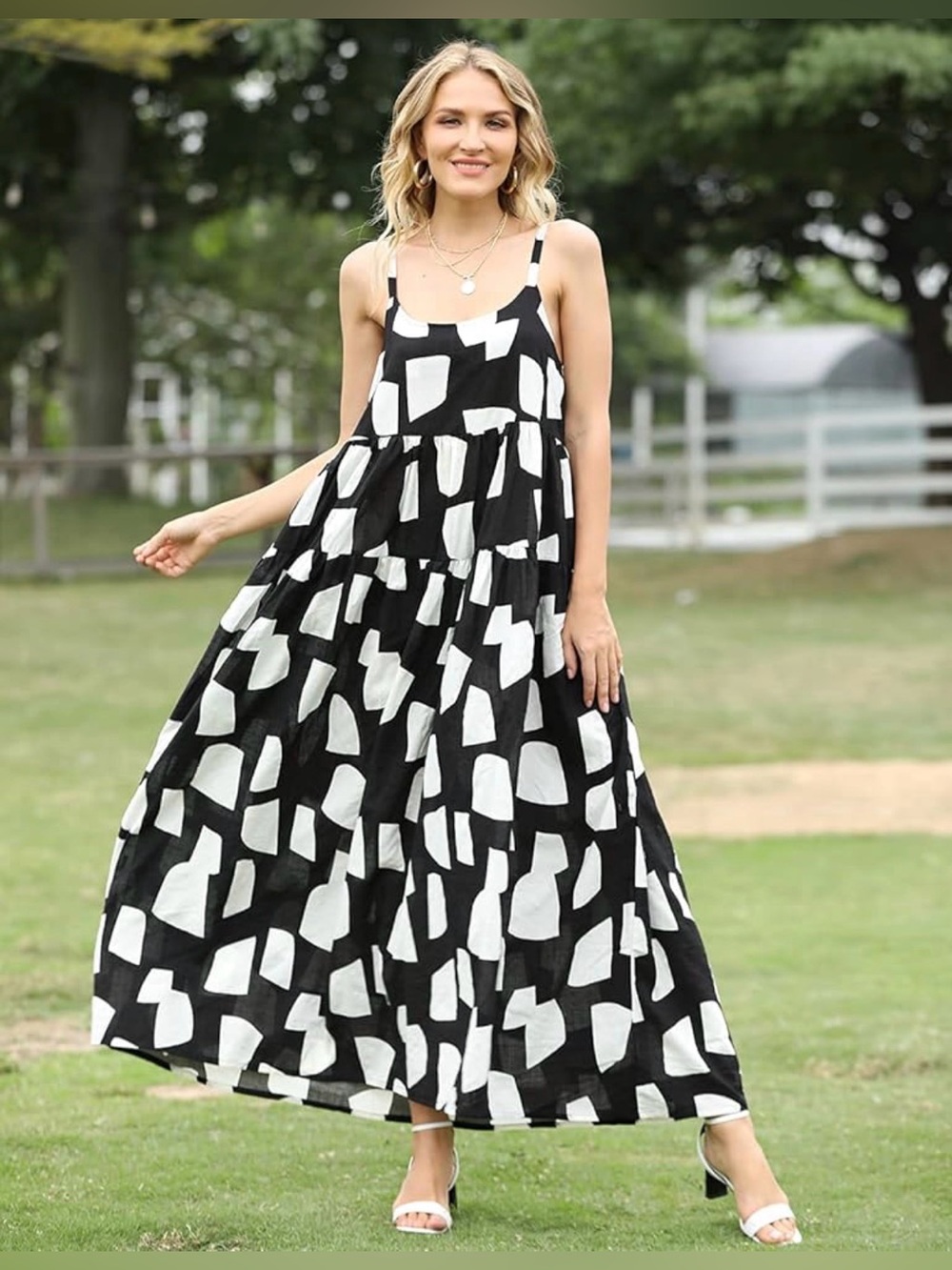Black White Abstract Print Maxi Boho Beach Vacation Sundress w/Pockets M